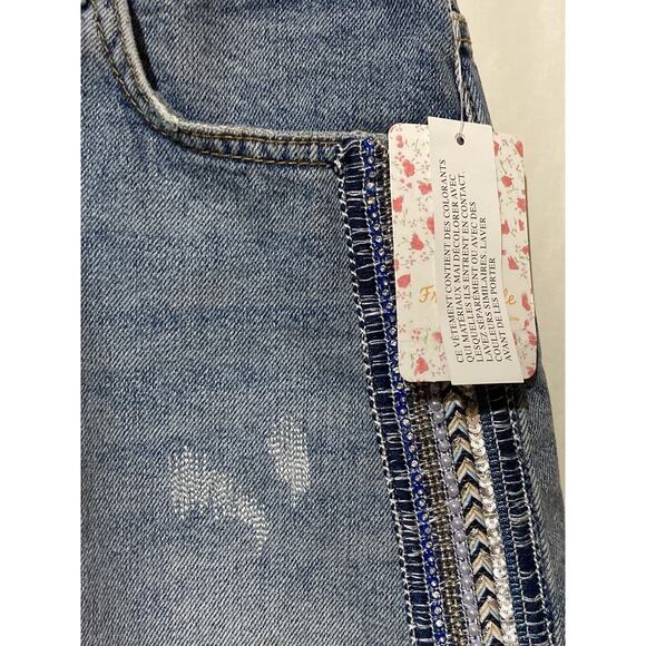 Free People Women's Denim Skirt W/ Ribbon Pearl Details Blue Size 10 Aztec Boho - Picture 4 of 6